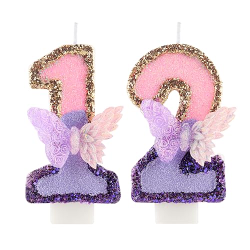 3D Schmetterling Geburtstag Purpur Nummer 12 Kerzen, Purpur Gold Schmetterling Kerzen für Cupcake Topper, Mädchen 122 Geburtstg Kerze Kuchen Topper Dekorationen 3D Schmetterling Geburtstag Purpur Nummer 12 Kerzen, Purpur Gold Schmetterling Kerzen für Cupcake Topper, Mädchen 122 Geburtstg Kerze Kuchen Topper Dekorationen von FUNCANDLE