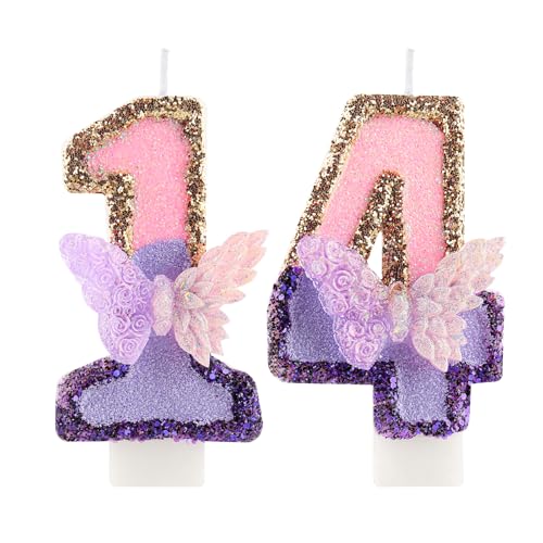 3D Schmetterling Geburtstag Purpur Nummer 14 Kerzen, Purpur Gold Schmetterling Kerzen für Cupcake Topper, Mädchen 144 Geburtstg Kerze Kuchen Topper Dekorationen 3D Schmetterling Geburtstag Purpur Nummer 14 Kerzen, Purpur Gold Schmetterling Kerzen für Cupcake Topper, Mädchen 144 Geburtstg Kerze Kuchen Topper Dekorationen von FUNCANDLE