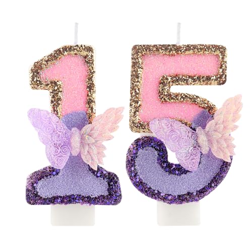 3D Schmetterling Geburtstag Purpur Nummer 15 Kerzen, Purpur Gold Schmetterling Kerzen für Cupcake Topper, Mädchen 155 Geburtstg Kerze Kuchen Topper Dekorationen 3D Schmetterling Geburtstag Purpur Nummer 15 Kerzen, Purpur Gold Schmetterling Kerzen für Cupcake Topper, Mädchen 155 Geburtstg Kerze Kuchen Topper Dekorationen von FUNCANDLE