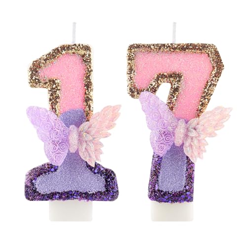 3D Schmetterling Geburtstag Purpur Nummer 17 Kerzen, Purpur Gold Schmetterling Kerzen für Cupcake Topper, Mädchen 177 Geburtstg Kerze Kuchen Topper Dekorationen von FUNCANDLE