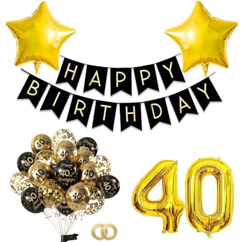 40.Geburtstag Schwarz Gold Partydekoration Set mit Gold 32Zoll luftballon,15pc Schwarz Gold Luftballons und Happy Birthday Banner,Ideale Deko für Mann Frauen Geburtstagsfeiern,Jubiläum oder Themen von FUNCANDLE