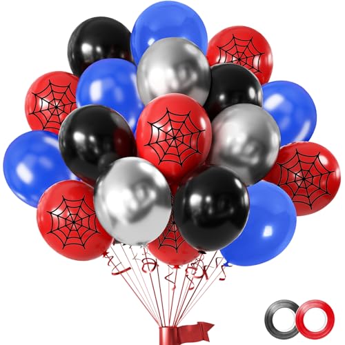 50 Stk. Luftballon-Set in Rot, Blau, Schwarz – 12 Zoll (30 cm) Happy Birthday Latex-Ballons inkl. Metallic-Silber Ballon für Spinnen-Motiv Geburtstagspartys, Dekoration für Jungen und Mädchen von FUNCANDLE