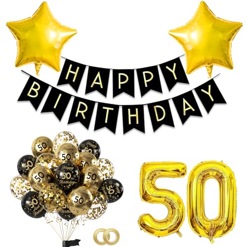 50.Geburtstag Schwarz Gold Partydekoration Set mit Gold 32Zoll luftballon,15pc Schwarz Gold Luftballons und Happy Birthday Banner,Ideale Deko für Mann Frauen Geburtstagsfeiern,Jubiläum oder Themen von FUNCANDLE
