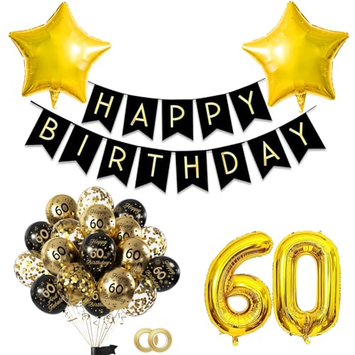60.Geburtstag Schwarz Gold Partydekoration Set mit Gold 32Zoll luftballon,15pc Schwarz Gold Luftballons und Happy Birthday Banner,Ideale Deko für Mann Frauen Geburtstagsfeiern,Jubiläum oder Themen von FUNCANDLE