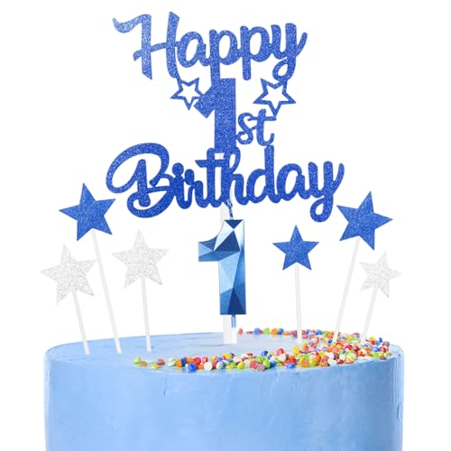 8 Stück Kuchen Deko 1st Geburtstag Mädchen Jungen,3D Geburtstag Kerzen Nummer und Happy 1st Birthday Blau Cake Topper,Cake Topper für Boys Party Decoration von FUNCANDLE