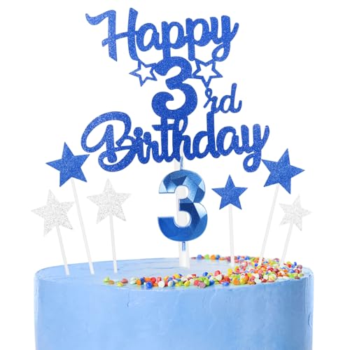 8 thück Kuchen Deko 3th Geburtthag Mädchen Jungen,3D Geburtthag Kerzen Nummer 3 und Happy 3th Birthday Blau Cake Topper,Decoration Geburtthag Cake für Teenager Junge Party von FUNCANDLE