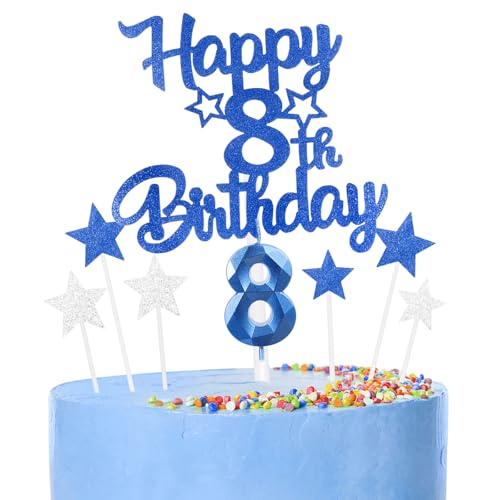 8 thück Kuchen Deko 8th Geburtthag Mädchen Jungen,3D Geburtthag Kerzen Nummer 8 und Happy 8th Birthday Blau Cake Topper,Decoration Geburtthag Cake für Teenager Junge Party 8 thück Kuchen Deko 8th Geburtthag Mädchen Jungen,3D Geburtthag Kerzen Nummer 8 und Happy 8th Birthday Blau Cake Topper,Decoration Geburtthag Cake für Teenager Junge Party von FUNCANDLE