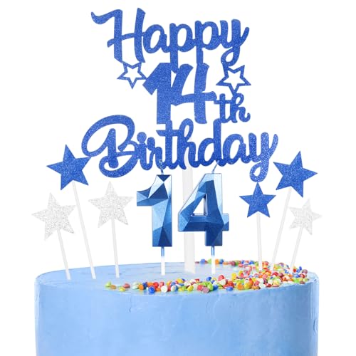 9 thück Kuchen Deko 14th Geburtthag Mädchen Jungen,3D Geburtthag Kerzen Nummer 14 und Happy 14th Birthday Blau Cake Topper,Decoration Geburtthag Cake für Teenager Junge Party 9 thück Kuchen Deko 14th Geburtthag Mädchen Jungen,3D Geburtthag Kerzen Nummer 14 und Happy 14th Birthday Blau Cake Topper,Decoration Geburtthag Cake für Teenager Junge Party von FUNCANDLE