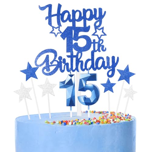 9 thück Kuchen Deko 15th Geburtthag Mädchen Jungen,3D Geburtthag Kerzen Nummer 15 und Happy 15th Birthday Blau Cake Topper,Decoration Geburtthag Cake für Teenager Junge Party 9 thück Kuchen Deko 15th Geburtthag Mädchen Jungen,3D Geburtthag Kerzen Nummer 15 und Happy 15th Birthday Blau Cake Topper,Decoration Geburtthag Cake für Teenager Junge Party von FUNCANDLE