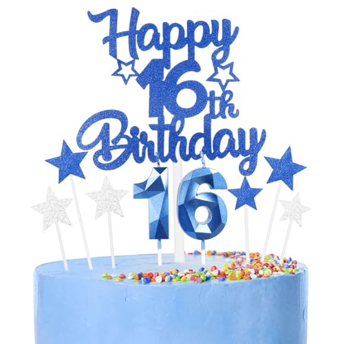 9 thück Kuchen Deko 16th Geburtthag Mädchen Jungen,3D Geburtthag Kerzen Nummer 16 und Happy 16th Birthday Blau Cake Topper,Decoration Geburtthag Cake für Teenager Junge Party 9 thück Kuchen Deko 16th Geburtthag Mädchen Jungen,3D Geburtthag Kerzen Nummer 16 und Happy 16th Birthday Blau Cake Topper,Decoration Geburtthag Cake für Teenager Junge Party von FUNCANDLE