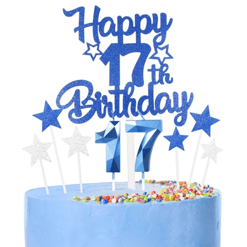 9 thück Kuchen Deko 17th Geburtthag Mädchen Jungen,3D Geburtthag Kerzen Nummer 17 und Happy 17th Birthday Blau Cake Topper,Decoration Geburtthag Cake für Teenager Junge Party von FUNCANDLE