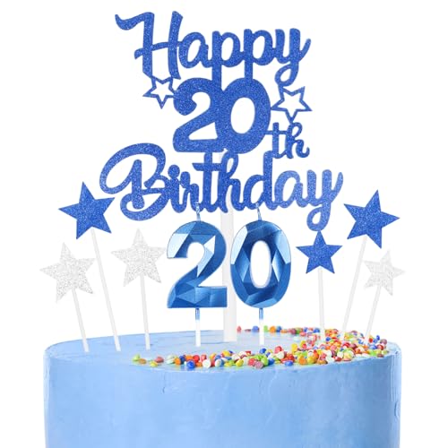 9 thück Kuchen Deko 20th Geburtthag Mädchen Jungen,3D Geburtthag Kerzen Nummer 20 und Happy 20th Birthday Blau Cake Topper,Decoration Geburtthag Cake für Teenager Junge Party von FUNCANDLE