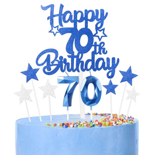 9 thück Kuchen Deko 70th Geburtthag Mädchen Jungen,3D Geburtthag Kerzen Nummer 70 und Happy 70th Birthday Blau Cake Topper,Decoration Geburtthag Cake für Teenager Junge Party von FUNCANDLE