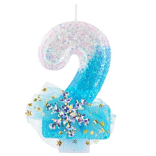 Blue White Frozen mit Schneeflocke Kleid Geburtstagskerzen,Glitzernde 3D Geburtstag Kerzen,Tortendeko Geburtstag, Kuchendeko Zahl 2,Geburtstagskerzen für Mädchen Geburtstagsdeko von FUNCANDLE