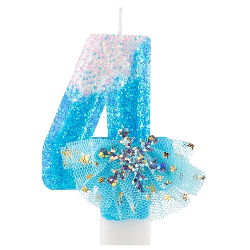 Blue White Frozen mit Schneeflocke Kleid Geburtstagskerzen,Glitzernde 3D Geburtstag Kerzen,Tortendeko Geburtstag, Kuchendeko Zahl 4,Geburtstagskerzen für Mädchen Geburtstagsdeko von FUNCANDLE
