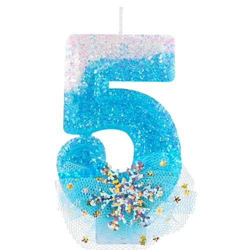 Blue White Frozen mit Schneeflocke Kleid Geburtstagskerzen,Glitzernde 3D Geburtstag Kerzen,Tortendeko Geburtstag, Kuchendeko Zahl 5,Geburtstagskerzen für Mädchen Geburtstagsdeko von FUNCANDLE