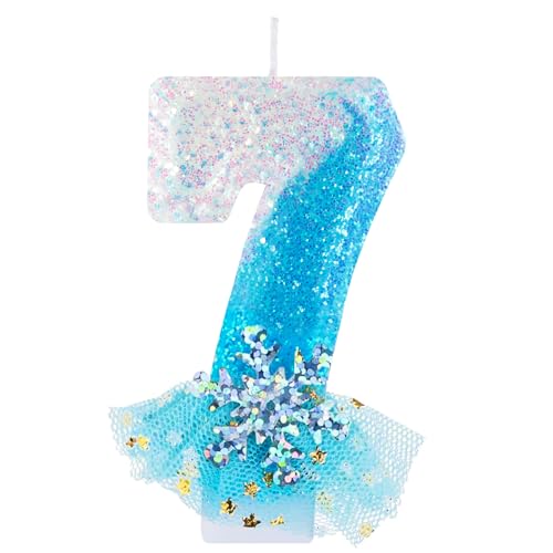 Blue White Frozen mit Schneeflocke Kleid Geburtstagskerzen,Glitzernde 3D Geburtstag Kerzen,Tortendeko Geburtstag, Kuchendeko Zahl 7,Geburtstagskerzen für Mädchen Geburtstagsdeko von FUNCANDLE