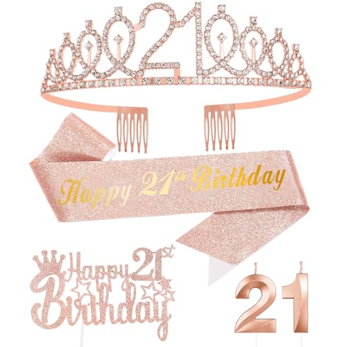 Geburtstagsgeschenke für Mädchen zum 21. Geburtstag, einschließlich 21 Jahre altes rotgoldenes Geburtstagskuchenaufsatz, 21. Geburtstag, Tiara, Krone, Schärpe, 21. Roségold, Geburtstagskerze für Geburtstagsgeschenke für Mädchen zum 21. Geburtstag, einschließlich 21 Jahre altes rotgoldenes Geburtstagskuchenaufsatz, 21. Geburtstag, Tiara, Krone, Schärpe, 21. Roségold, Geburtstagskerze für von FUNCANDLE