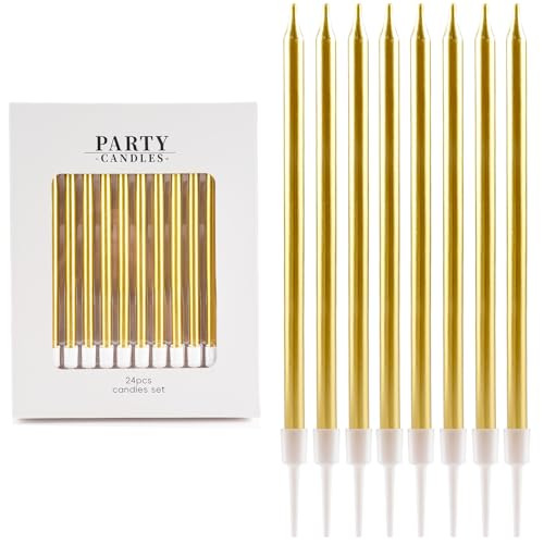 Geburtstagskerzen für Kuchen, 24 Stücke Golden lange dünne Party-Kerzen, Happy Birthday-Kerzen,Kuchen-Cupcake-Kerzen für Mädchen, Jungen, Männer, Frauen, Geburtstag, Hochzeit, Dekorationen von FUNCANDLE