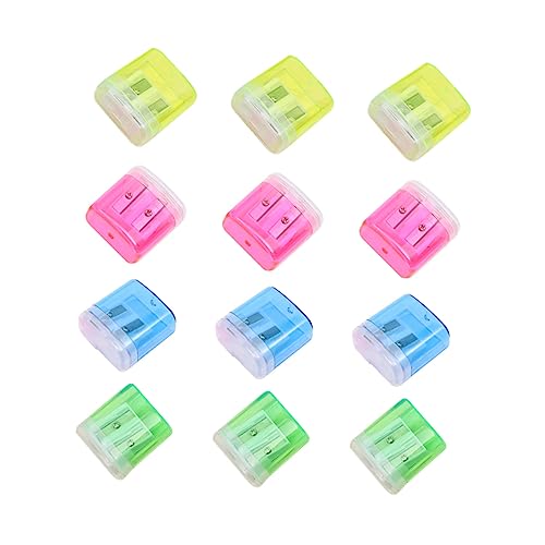 FUNNETOYU 12 Stück Teiliges Set Bleistiftspitzer aus Kunststoff mit Doppeltem Loch Transparenter Manuelle Anspitzer Gelb Grün Blau Effektives Anspitzen für Standardstifte für Schüler von FUNNETOYU