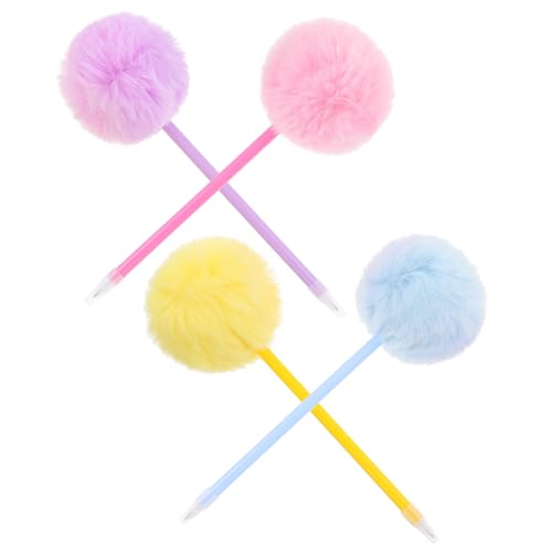 FUNNETOYU 4 Stück Fluffy Ball Kugelschreiber Dekorative Pom Pom Stifte für Schule und Büro Kreative Schreibgeräte Rosa Blau Gelb und Entspannen für von FUNNETOYU