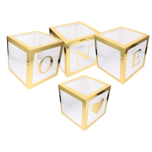 FUNNETOYU 4 Stück Geburtstag Deko Teiliges Transparente Balloon Box mit Goldfarbenem One Buchstaben Herz Motiv Wiederverwendbar Leicht und Kompakt Einfache Faltmontage für Unvergessliche von FUNNETOYU