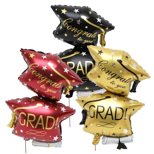 FUNNETOYU 6 Stück Teiliges Metallic Aluminium Folienballons in Gold Rot und Schwarz Abschlussmütze Design Leichte Abschluss Dekoration für Party Fotohintergrund Langlebig und Vielseitig von FUNNETOYU