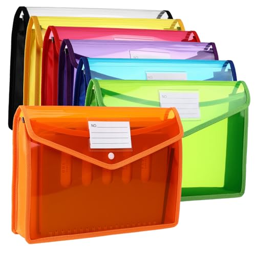 FUNNETOYU 7 Stück Teiliges Dokumententaschen Transparent mit Sicherem Druckknopfverschluss Dicke Kunststoff Umschläge für Büro und Schulorganisation Farblich Sortierte PP Ordner für Einfache von FUNNETOYU