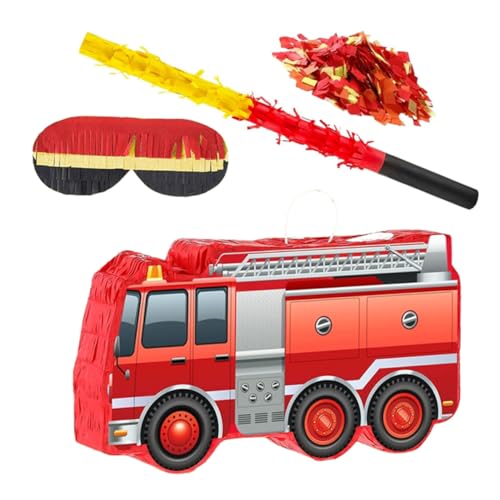 FUNNETOYU Feuerwehr Party Pinata mit Augenbinde und Konfetti Feuerwehrwagen Hängeornament Bunte Kindergeburtstagsdeko für Jungen Feuerwehr Themenfeier Zubehör von FUNNETOYU