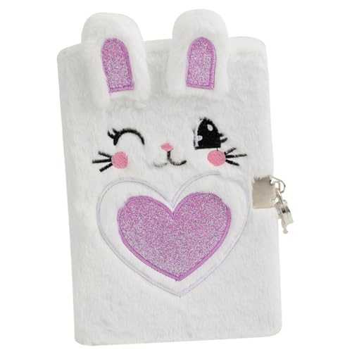 FUNNETOYU Fluffy Notizbuch mit Plüsch Cover und Schloss Liniert Cartoon Hase Design Tragbares Tagebuch für Schüler Weiches Plüsch Tagebuch in Violettem Herz Abschließbares Notizbuch von FUNNETOYU