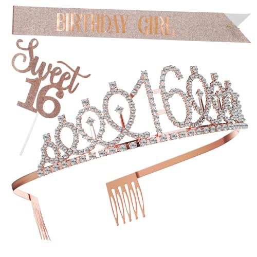 FUNNETOYU Teiliges Geburtstagsdeko Set für Frauen mit Glitzernder Roségold Krone Sash und Cake Topper Komfortabel und Sicher für Geburtstagsfeier und Besondere Feierlichkeiten von FUNNETOYU