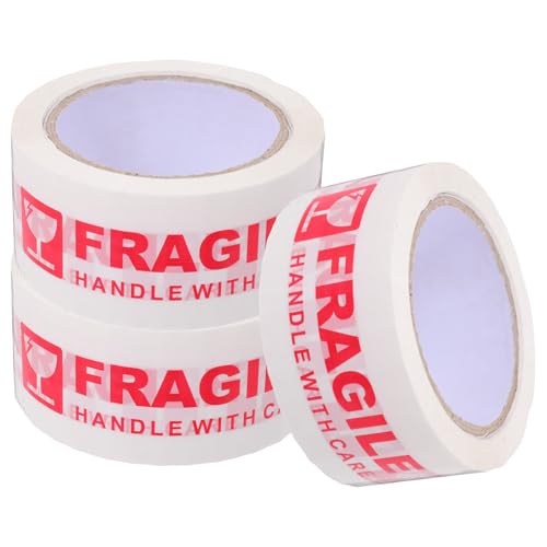 FUNOMOCYA 3 Rollen Fragile Klebeband Selbstklebend mit Deutlicher Warnschrift Robustes Verpackungsband für Sicheren Versand Zerbrechlicher Waren Vielseitig für Kartons und Pakete von FUNOMOCYA