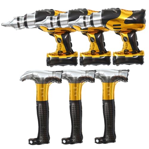 FUNOMOCYA 6 Stück Teiliges Baustellen Reparaturwerkzeug Folienballon Jungen Geburtstag Partydeko Leichte Aluminiumfolie Ballons Hammer und Bohrer Vielseitig für Wand Tisch Fenster von FUNOMOCYA