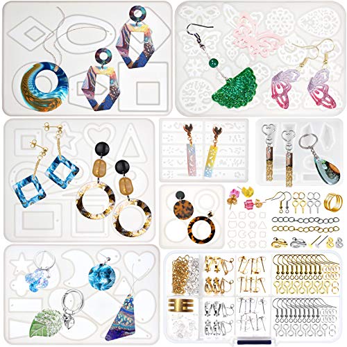 FUNSHOWCASE Filigran Silikonform Set, hohle Epoxidharz Formen mit Zubehör für UV Harz, Schmuck, Ohrringe, Halskette, Brosche, Anhänger, Schlüsselanhänger, DIY Handwerk, geometrisch, 140 Stücke von FUNSHOWCASE