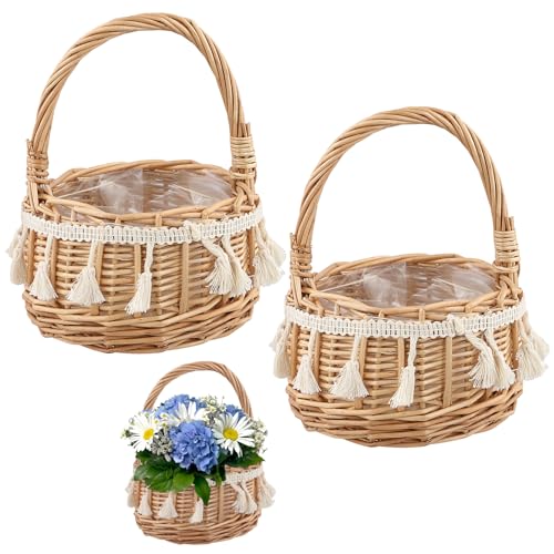 FUNSUEI 2 Stück Blumenkorb Hochzeit mit Quaste, 13 x 19 cm Blumenkörbe Blumenmädchen Korb, Klein Rattan Geflochtener Blumenkorb mit Henkel für Deko, Hochzeit von FUNSUEI