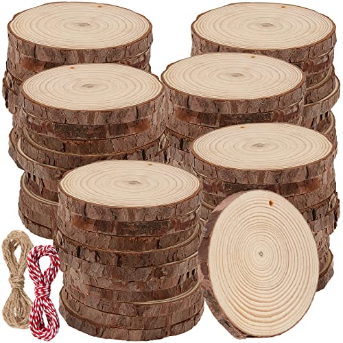 FUNSUEI 60 Stück 9–10 cm Holzscheiben, natürliche Kiefernholzscheiben, unlackierte Holzkreise mit Löchern, Holzscheitscheiben für Weihnachtsschmuck und Bastelarbeiten von FUNSUEI