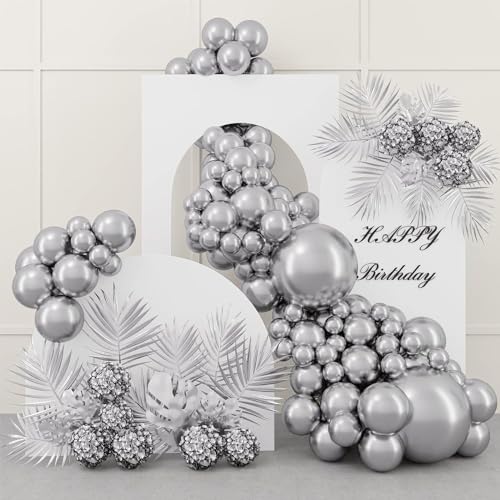 Silberner Ballonbogen, 102 Stück Metallic-Silber-Luftballons, 5 + 10 + 30 + 30 + 45,7 cm, verschiedene Größen für Ballon-Girlande, Chrom-Silber-Ballon-Set für Hochzeit, Geburtstag, Babyparty, von FUNTE