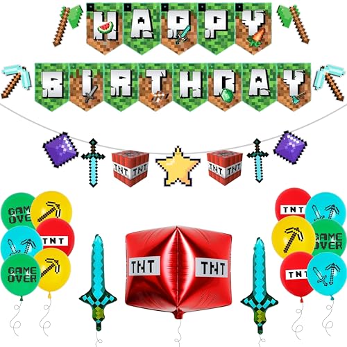 Pixel Geburtstag Dekorationen - Miner Gaming Themed Happy Birthday Banner mit TNT und Schwert Folienballons für Pixel Party Dekorationen - Ultimatives Party Supplies Kit von FUNTON