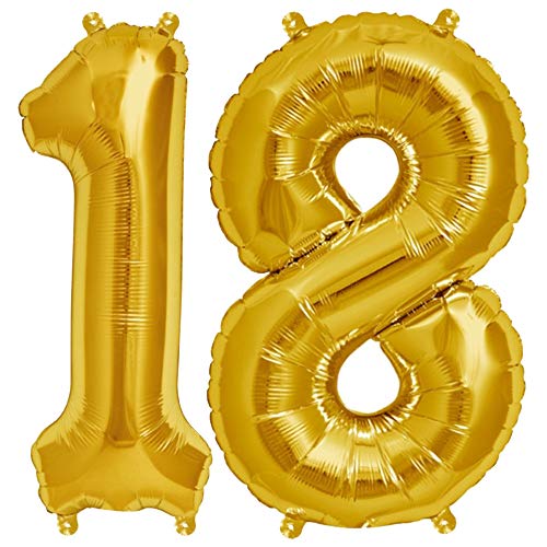 FUNXGO® Folienballon Zahl 18 Gold - Riesenzahl Ballon ca.100 cm - fliegt mit Helium - 18 geburtstag luftballon - Deko zum Geburtstage, Party, Hochzeiten - Ballon 18 Gold von FUNXGO