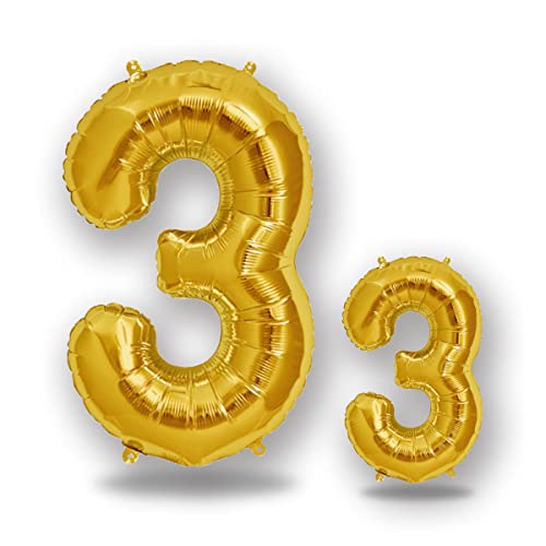 FUNXGO® folienballon 3 gold - 2 Stück -100cm & 38cm- Luftballon Zahl 3-3.geburtstag - Ballon 3 Deko zum Geburtstag, Hochzeit, Jubiläum oder Fest, Party - Ballon 3 gold von FUNXGO
