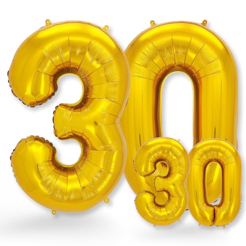 FUNXGO® folienballon 30 gold - 2 Stück -100cm & 38cm- Luftballon Zahl 30-30.geburtstag - Ballon 30 Deko zum Geburtstag, Hochzeit, Jubiläum oder Fest, Party - Ballon 30 gold von FUNXGO