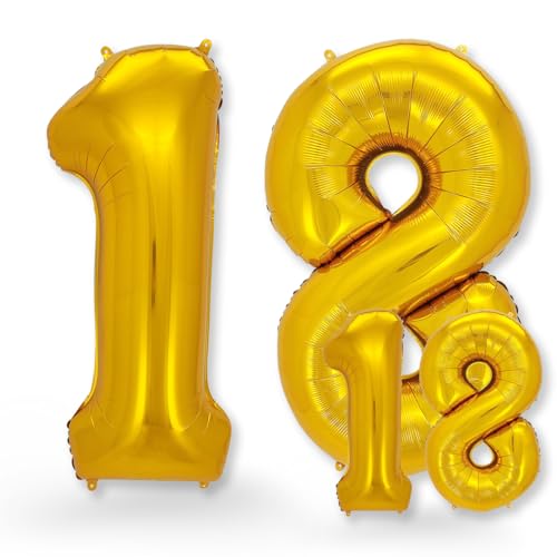 FUNXGO® folienballon 18 Gold - 2 Stück -100cm & 38cm- Luftballon Zahl 18-18.Geburtstag - Ballon 18 Deko zum Geburtstag, Hochzeit, Jubiläum oder Fest, Party - Ballon 18 Gold von FUNXGO