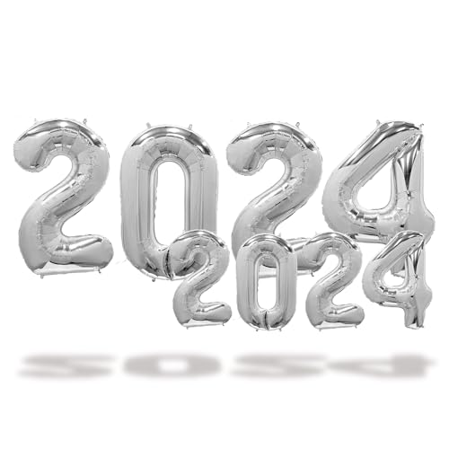 FUNXGO Folienballon Silber 2024-100cm & 38cm - Zahlenluftballons - Luftballonzahl 2024 für Neujahr - Dekoballon 2024 für Silvester in Silber von FUNXGO