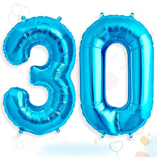 FUNXGO Folien-Ballon 30, Helium-Ballon, Luftballon-Zahl, nachfüllbare Riesen-Ballonzahl, Party-Deko zum 30. Geburtstag, Jubiläum, Hochzeit, blau von FUNXGO