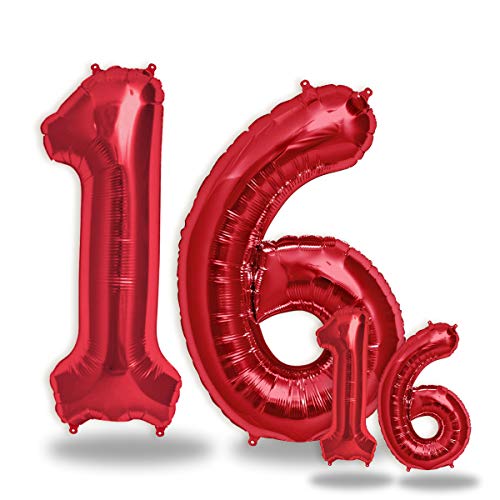 FUNXGO® folienballon 16 rot - 2 Stück - 42" & 17"- luftballon zahl 16 - Zahlen rot Ballon 16 Deko zum Geburtstag, Hochzeit, Jubiläum oder Fest, Party Dekoration -100cm & 38cm- ballon rot 16 von FUNXGO