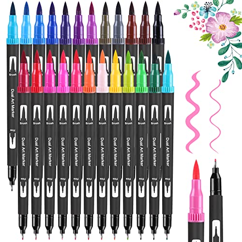 FURNIZONE Dual Brush Pen Set - 24 Farben Aquarellstifte Filzstifte Set, Manga Stifte, Kalligraphie Stifte Set für Aquarell Handlettering Bullet Journal, Fasermaler(1-2 mm) und Fineliner(0,4 mm) von FURNIZONE