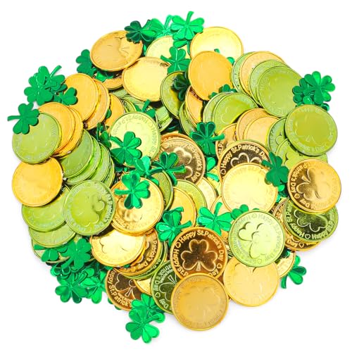 St. Patrick's Day Münzen, Kleeblatt, Kunststoffmünzen mit Konfetti, für St. Patrick's Day, Party, Tisch, Heimdekoration, Zubehör, Gold und Grün, 100 Stück St. Patrick's Day Münzen, Kleeblatt, Kunststoffmünzen mit Konfetti, für St. Patrick's Day, Party, Tisch, Heimdekoration, Zubehör, Gold und Grün, 100 Stück von FUSHENMU