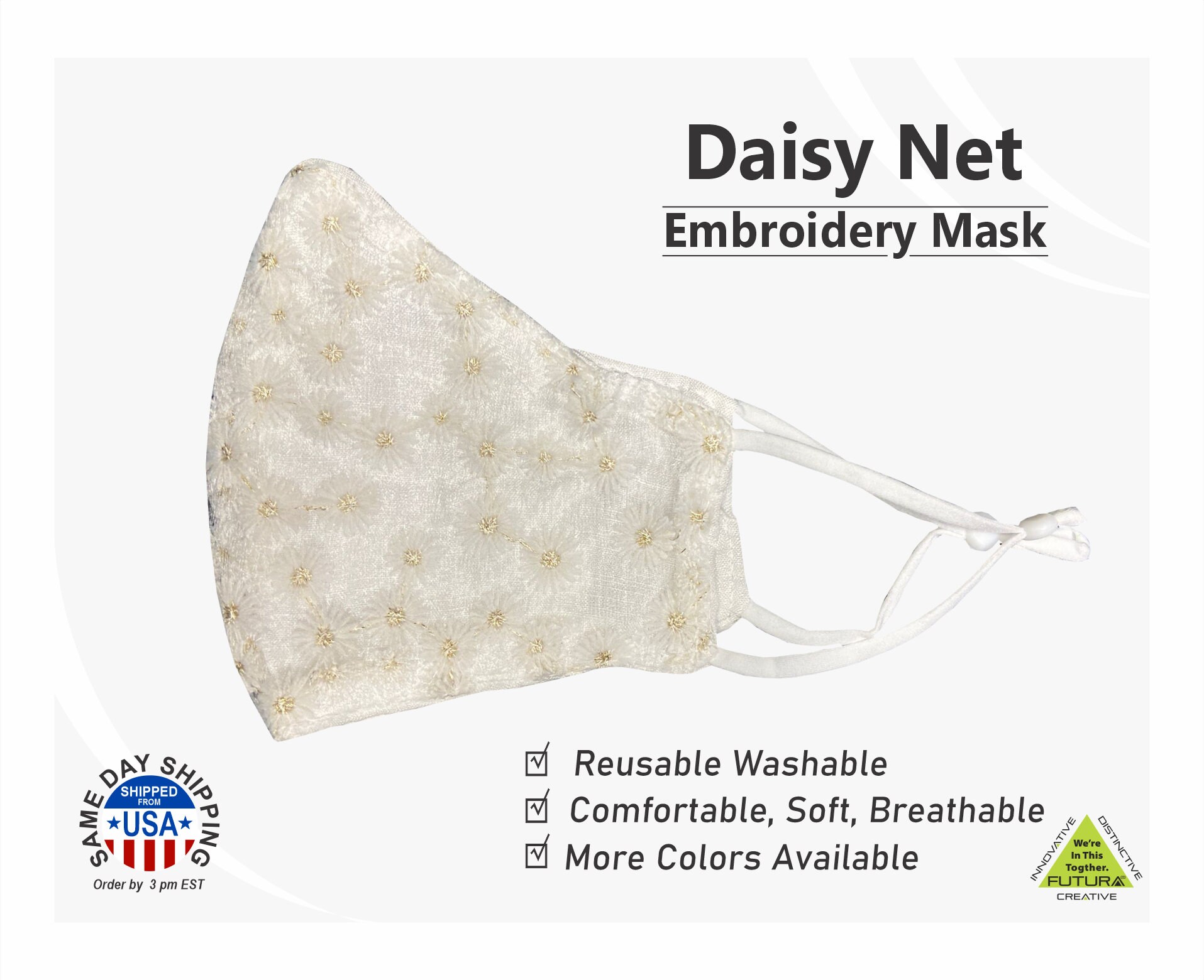 Daisy Net Embroidery Multi Style Mesh Waschbare Baumwoll Gesichtsmaske - Weiß von FUTURASUBLIMATION