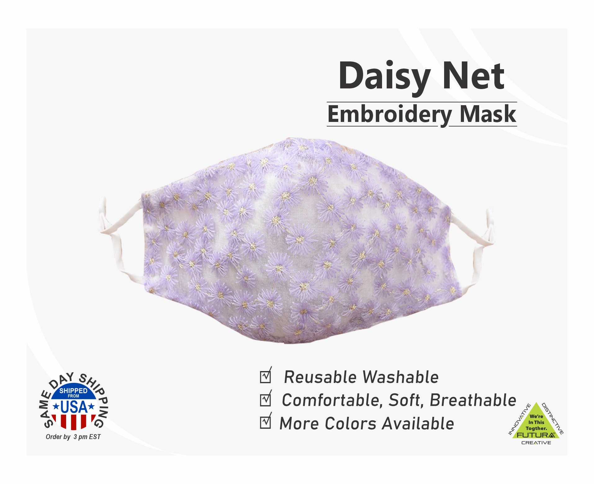 Daisy Net Embroidery Multi Style Netz Waschbare Baumwoll Gesichtsmaske - Lila von FUTURASUBLIMATION