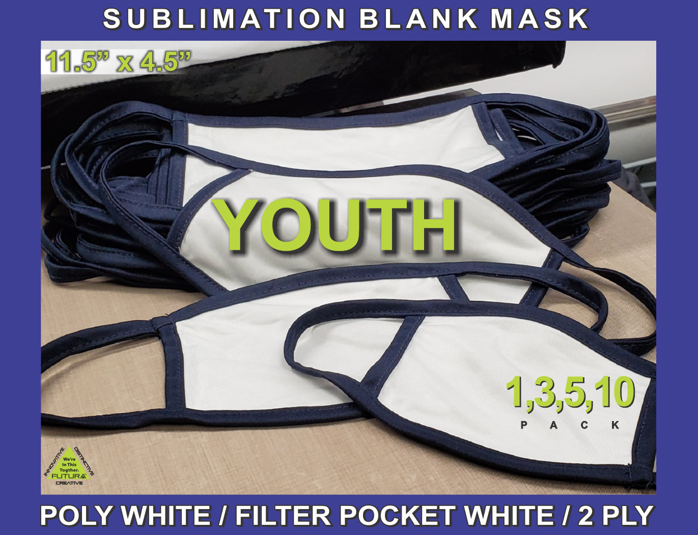 Navy Trim Jugend Weiß Sublimationsrohlinge Maske - 11, 5 ″ X 4, 5 Erhältlich 1, 3, 5, 10 Pack Color Mask von FUTURASUBLIMATION